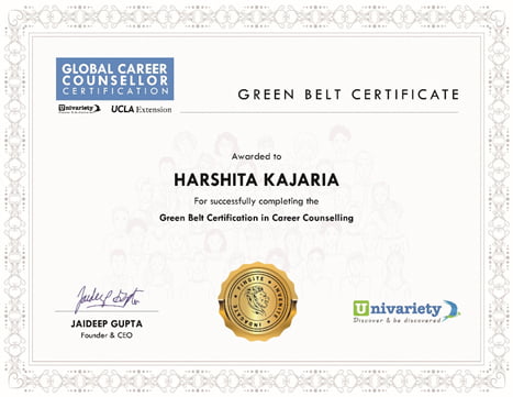 Certified Green Belt for Career Counselling by Univariety and University of California Los Angeles (UCLA)
